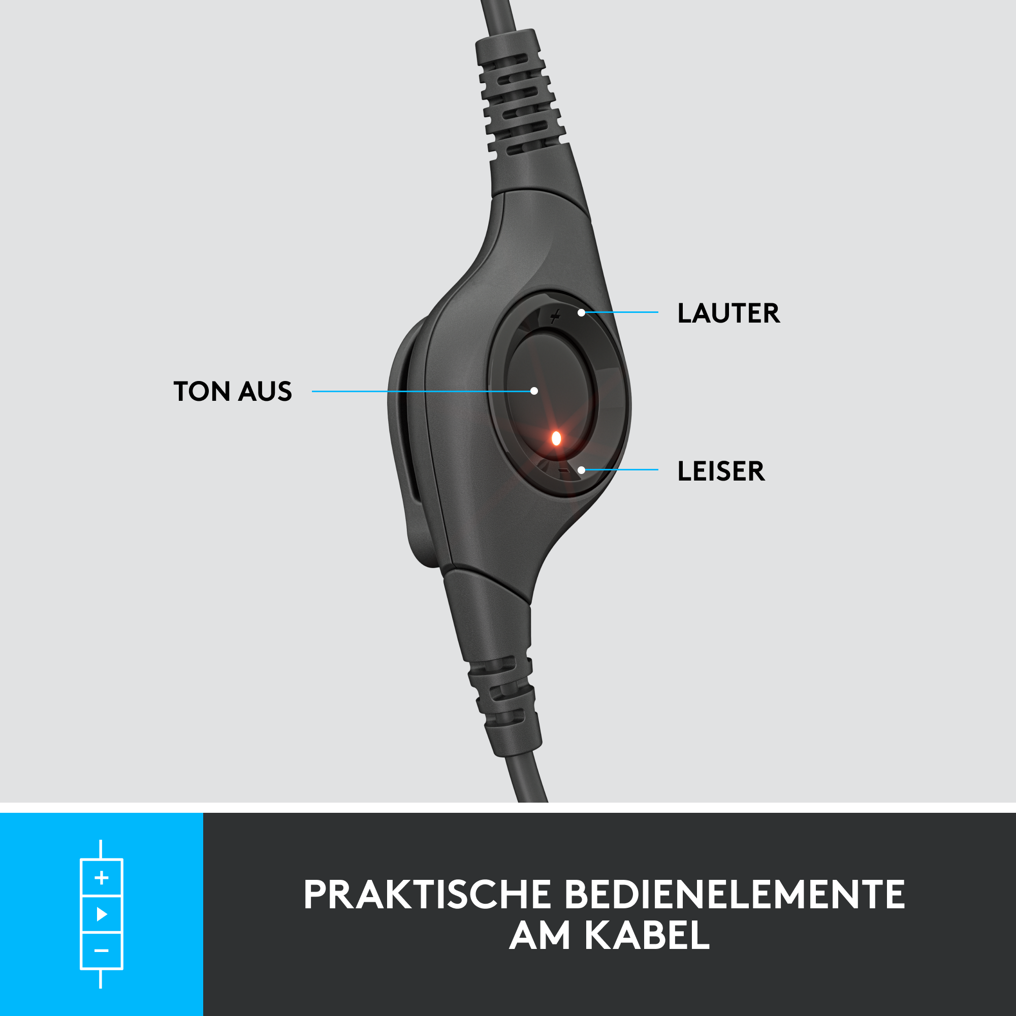 Eine Headset-Kabelsteuerung mit Lauter-, Leiser- und Stummschalttasten.