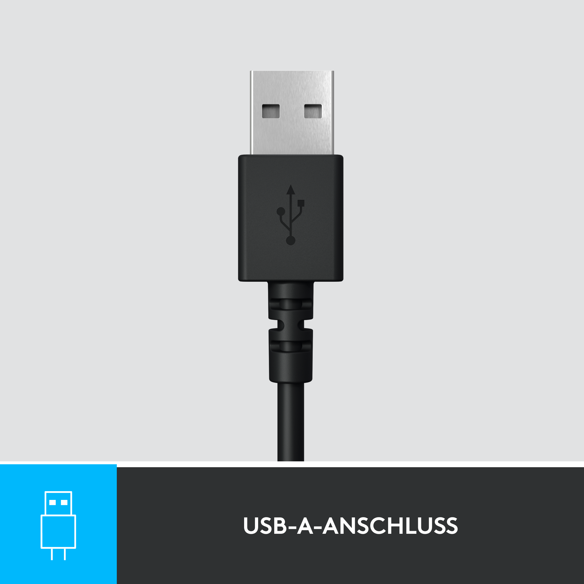 Schwarzes USB-A-Kabel mit USB-Anschluss. Der Text 'USB-A-ANSLUSS' steht unter dem Kabel.
