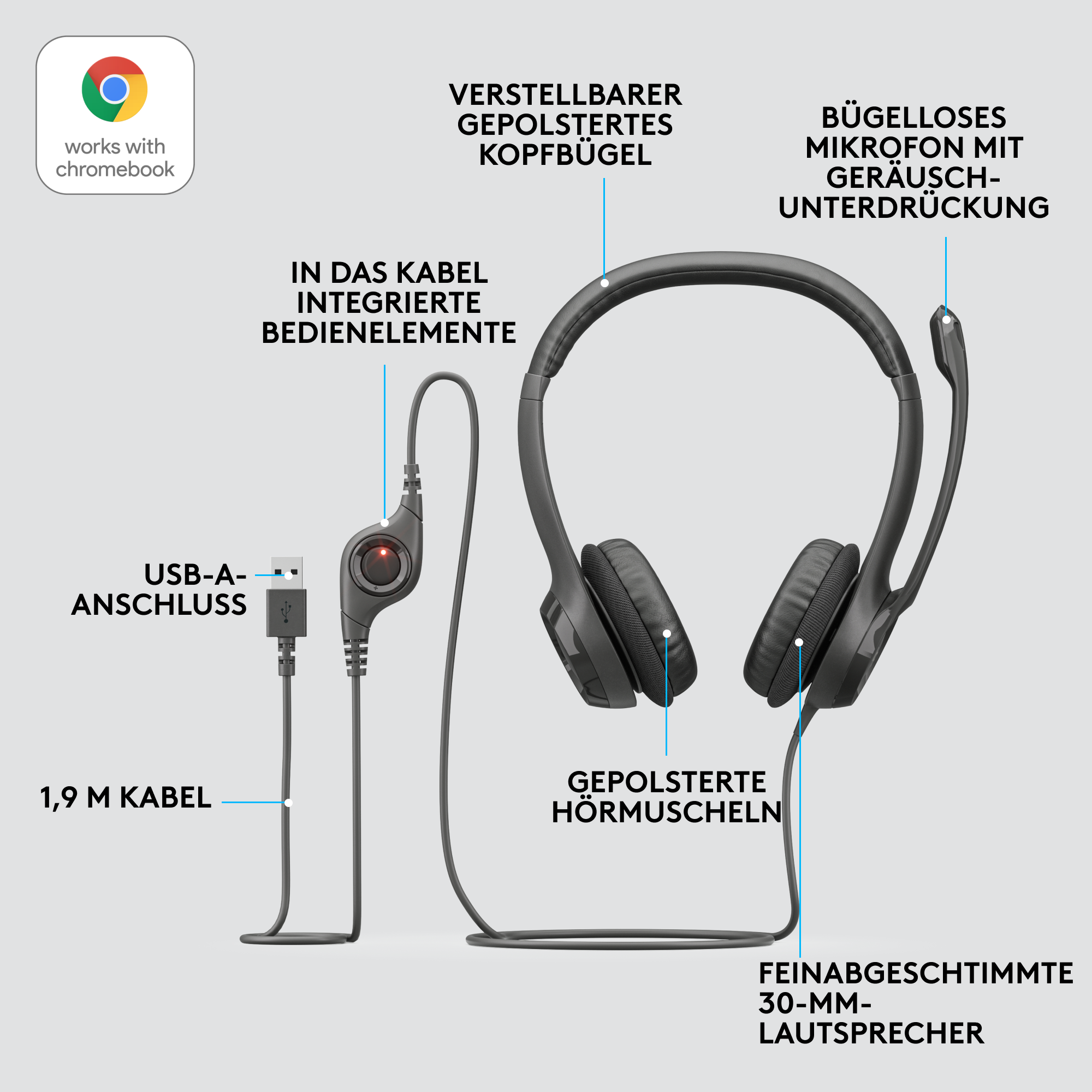 Headset mit schwarzen Ohrmuscheln, Mikrofon und USB-A-Anschluss.
