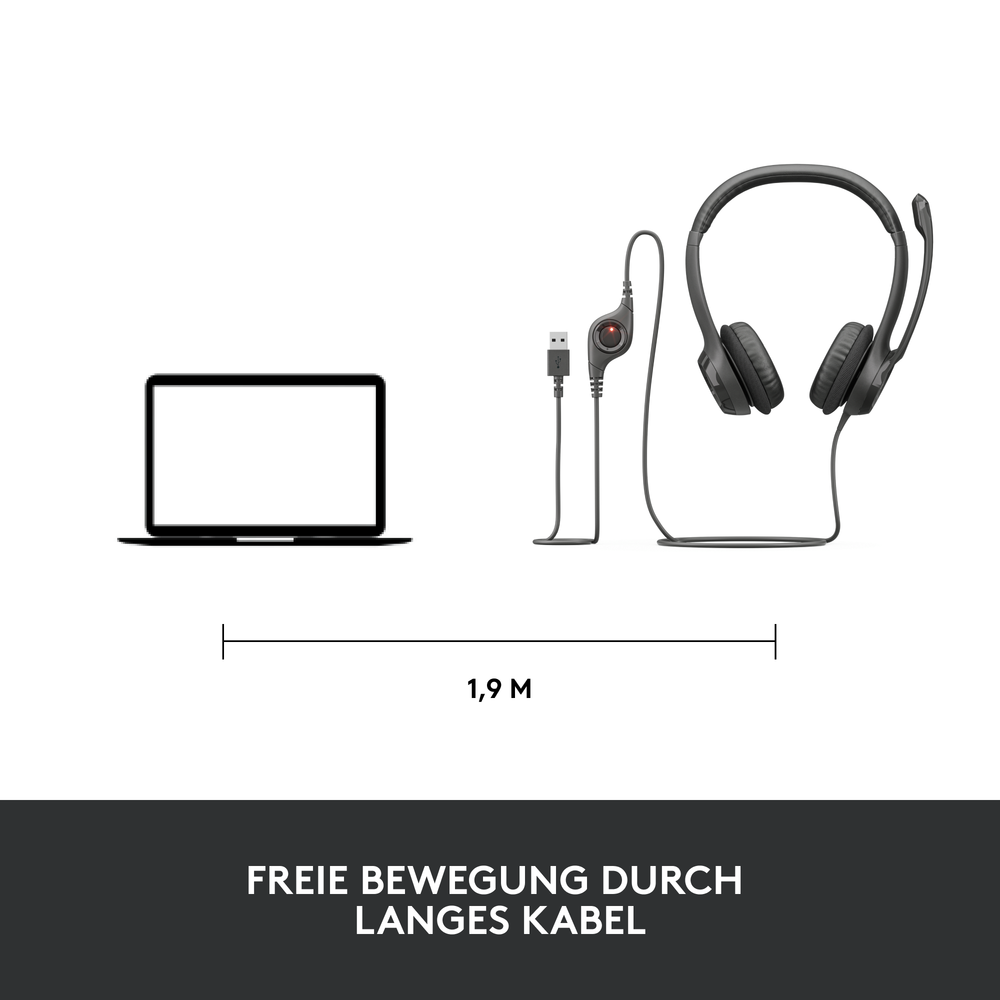 Laptop und Headset mit langem Kabel. Schwarzer Hintergrund.