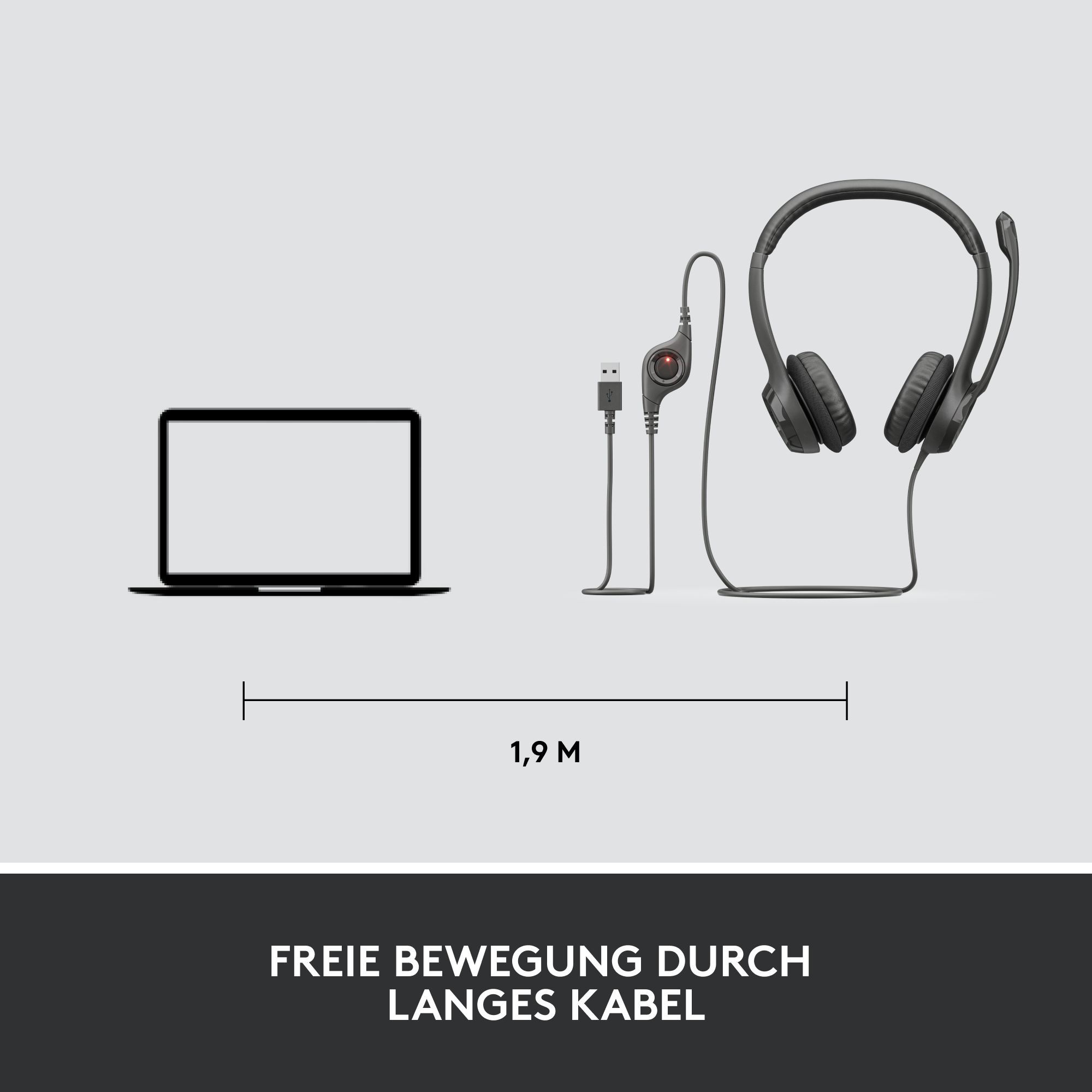 Laptop, Headset und Kabel. Text: freie Bewegung durch langes Kabel.