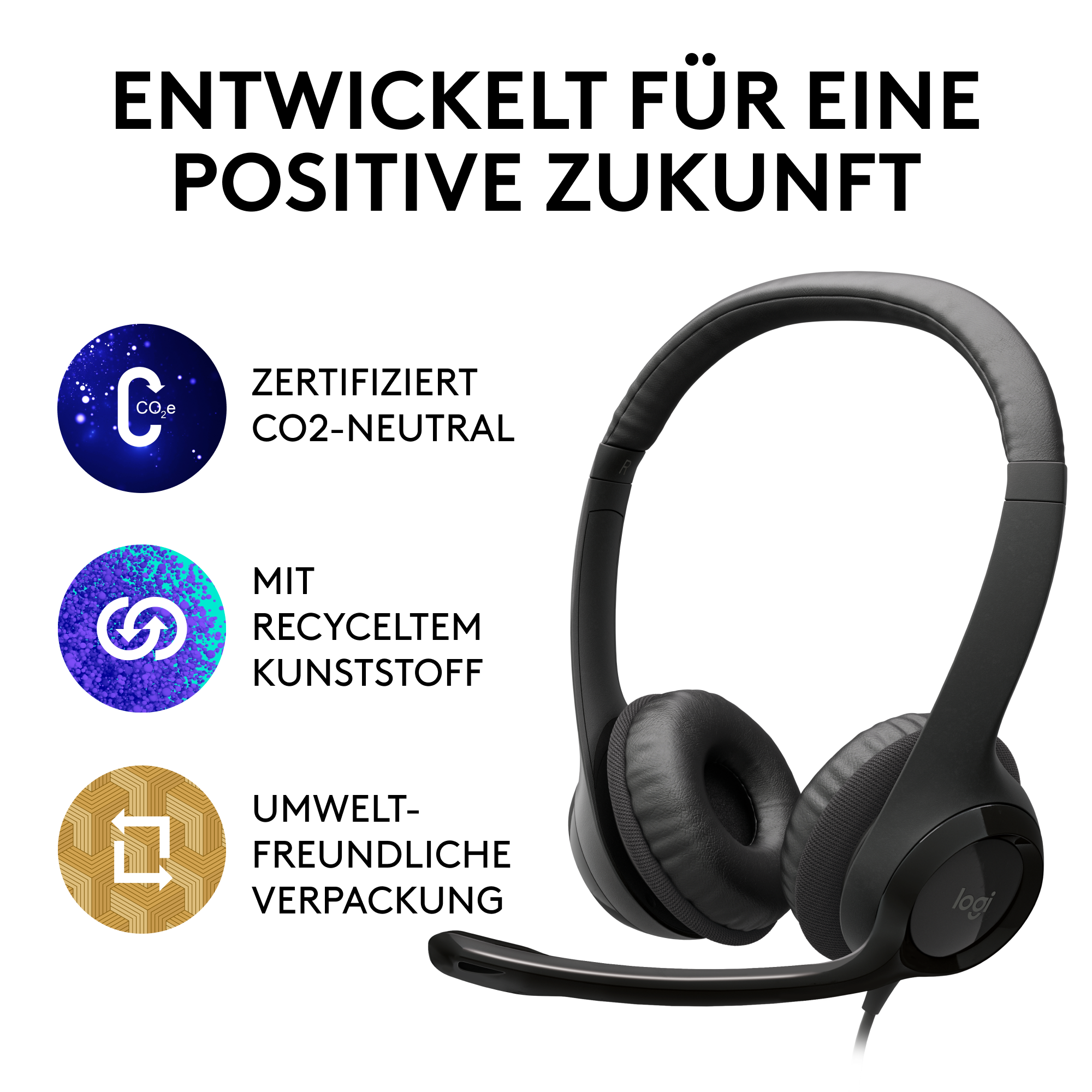 Schwarze Kopfhörer mit Mikrofon, begleitet von Informationssymbolen und Text.