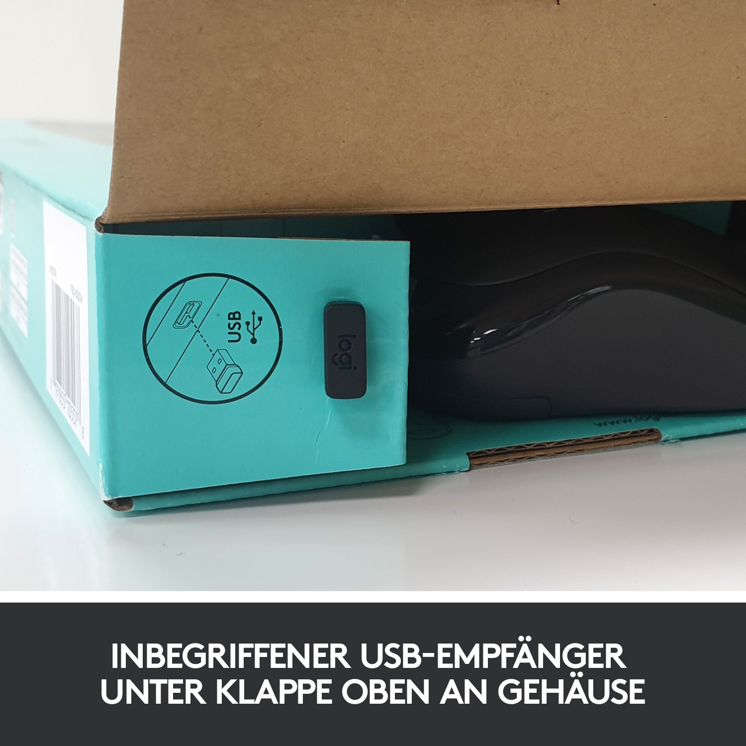 Eine Maus mit USB-Empfänger in einer Box. Text: INBEGRIFFENER USB-EMPFÄNGER UNTER KLAPPE.