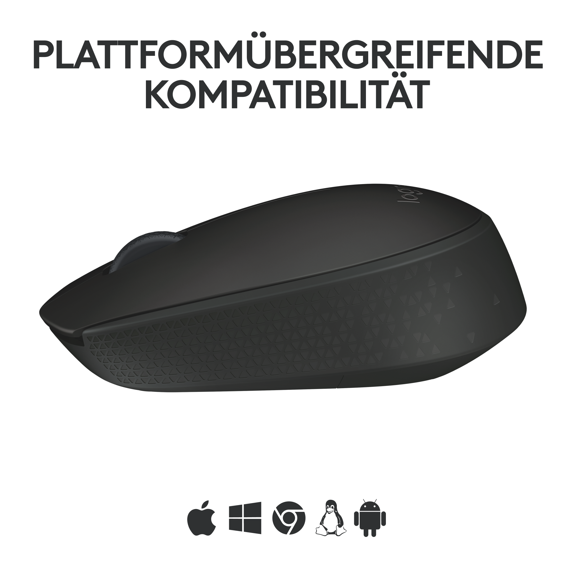 Schwarze Computermaus mit Symbolen für verschiedene Betriebssysteme darunter.
