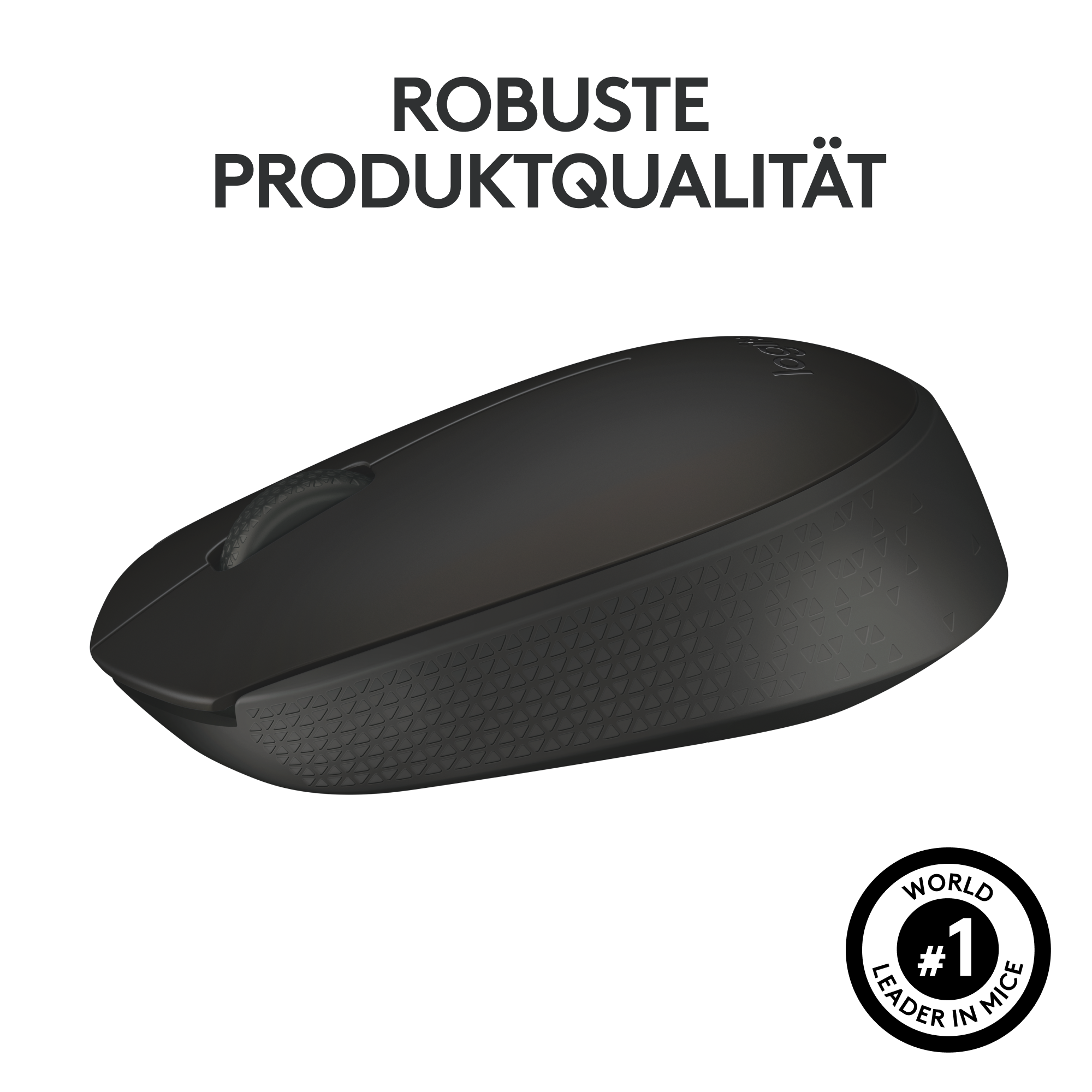 Schwarze kabellose Maus mit strukturierter Oberfläche, Text 'ROBUSTE PRODUKTQUALITÄT' und '#1'.