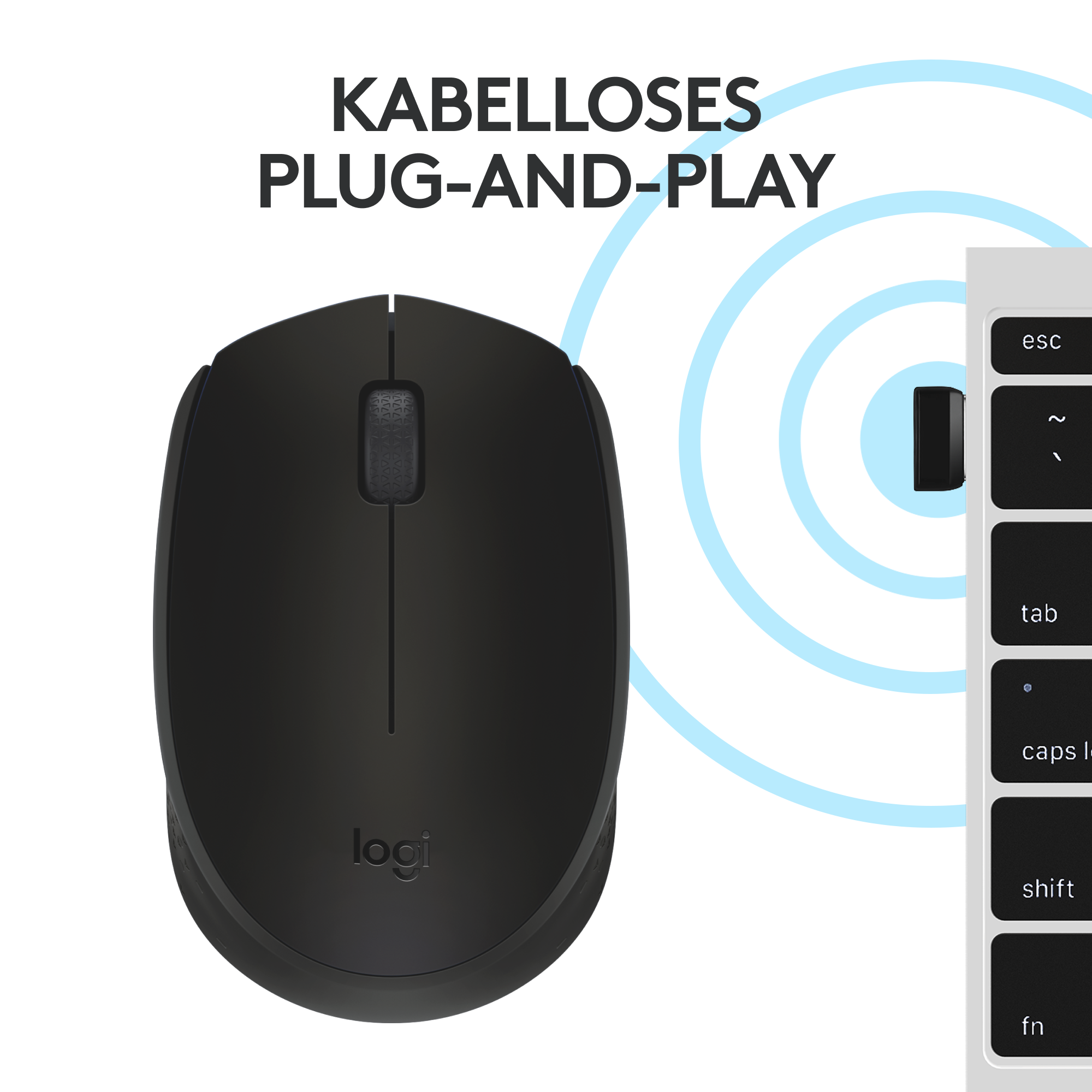Eine schwarze, kabellose Maus mit einem kleinen USB-Empfänger und dem Text 'PLUG-AND-PLAY'.