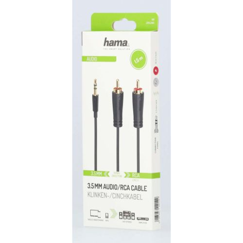 İçinde ses kabloları bulunan bir kutu. Siyah ve kırmızı fişli 3,5 mm - RCA kablosu var.