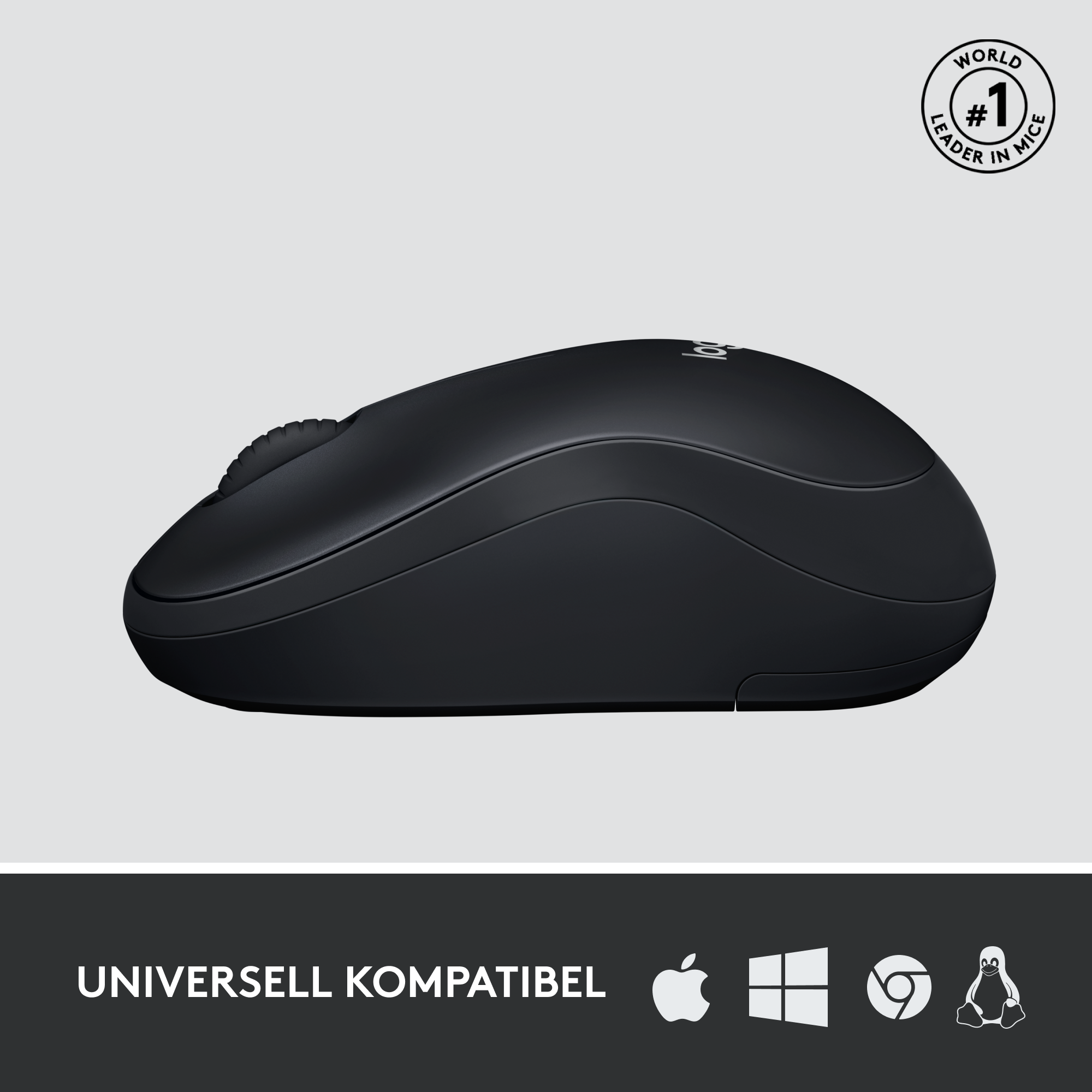Schwarze, kabellose Computermaus mit Scrollrad.