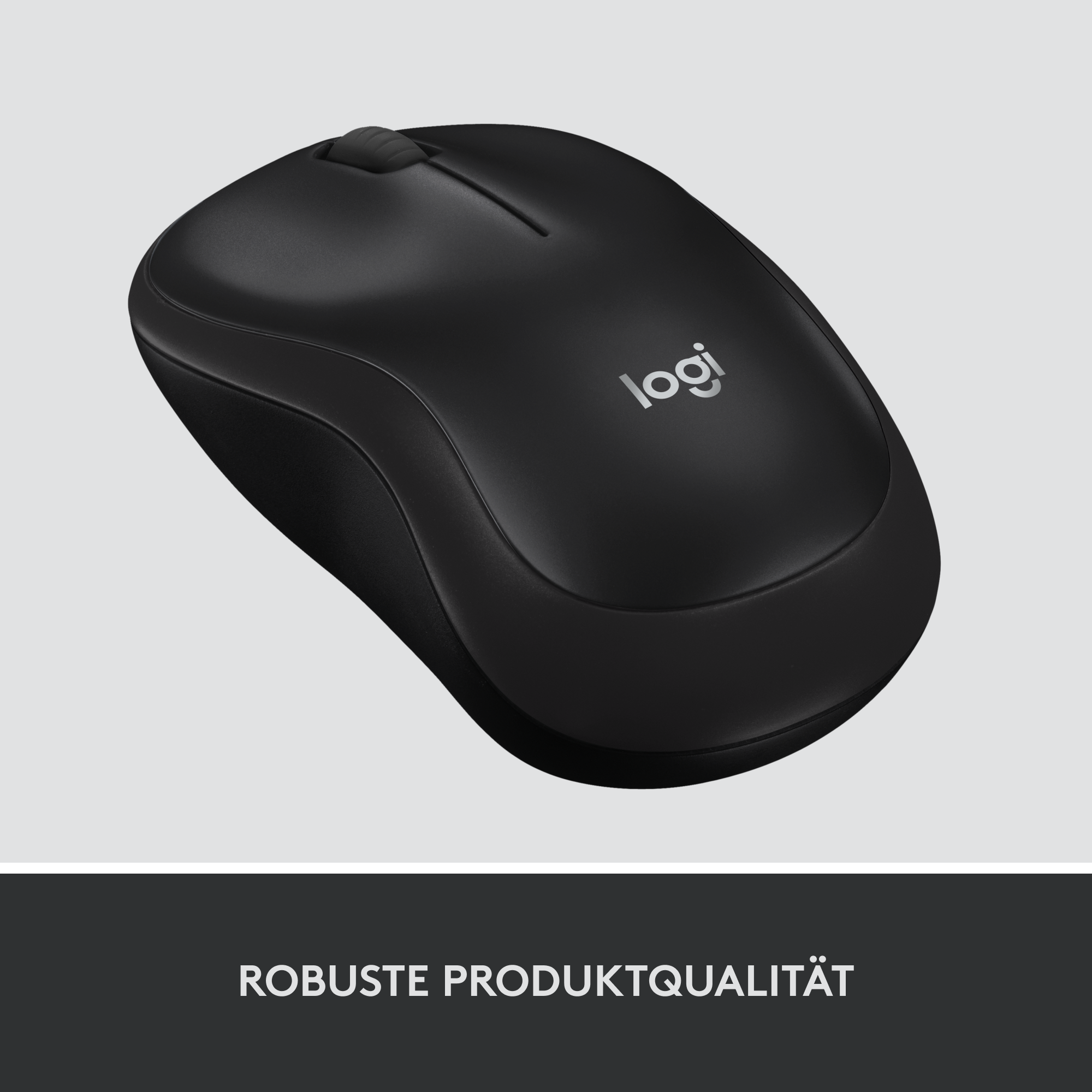 Schwarze Logitech-Maus. Die Maus hat ein Logo oben. Die Oberfläche ist glatt. Sie liegt auf einer grauen Oberfläche.