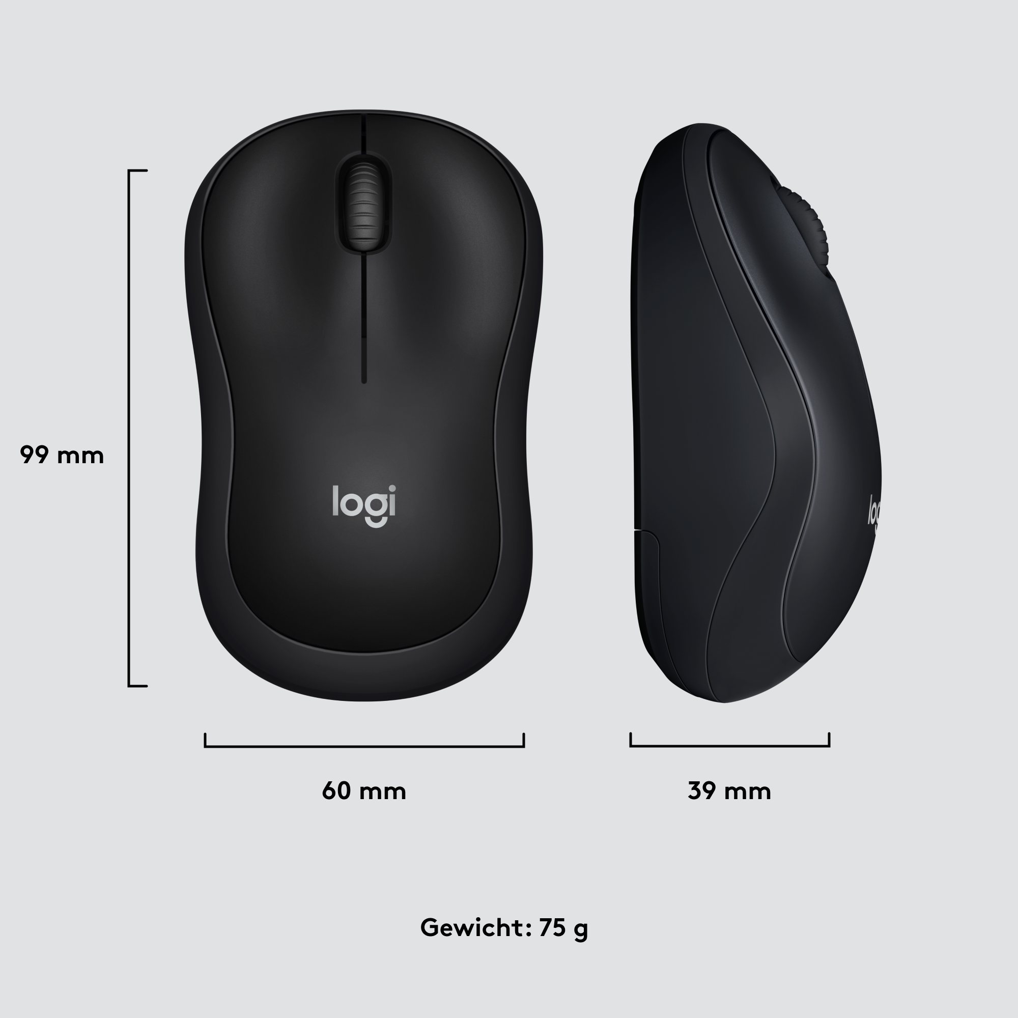 Schwarze Logitech-Maus mit Abmessungen und Gewichtsangaben.