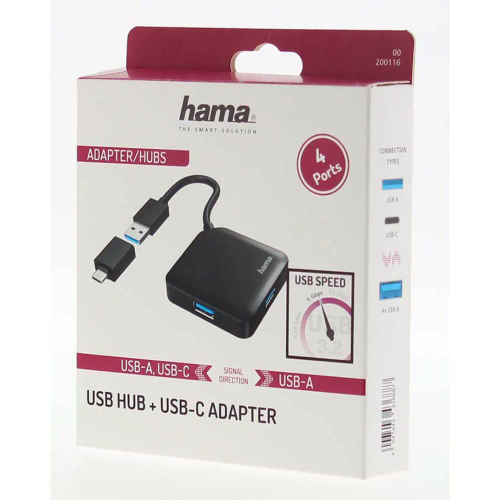 Bir kutuda Hama USB hub, bağlantı noktalarını, USB-A, USB-C ve USB 3.2 hızlarını gösteriyor.