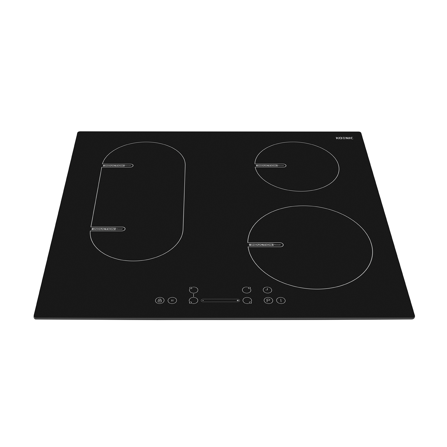 Piano cottura a induzione nero con quattro zone cottura e pulsanti di controllo.