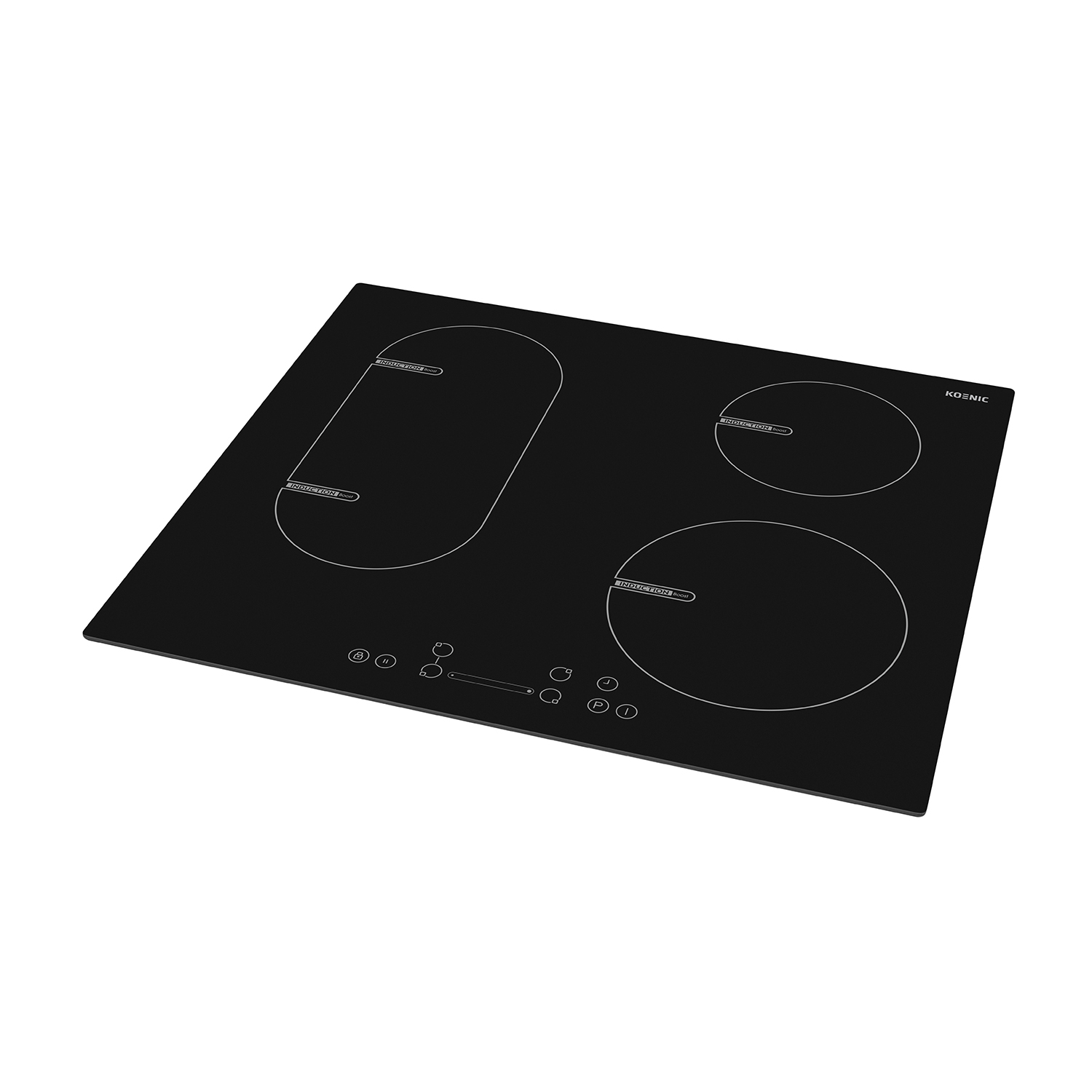 Un piano cottura in vetroceramica nero con 3 fuochi e comandi touch su sfondo bianco.
