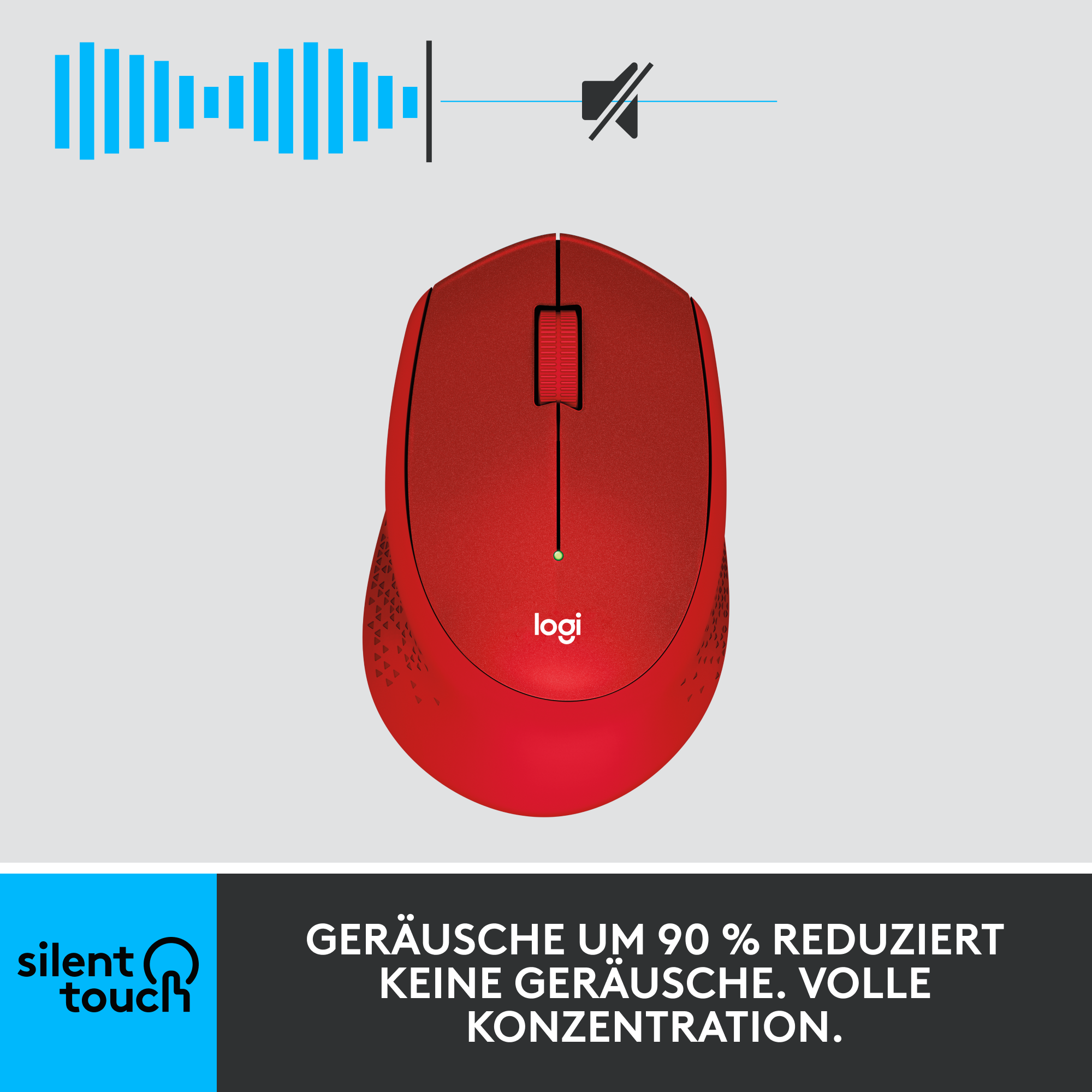 Rote Logitech-Maus mit Silent Touch und einem Schallwellensymbol.