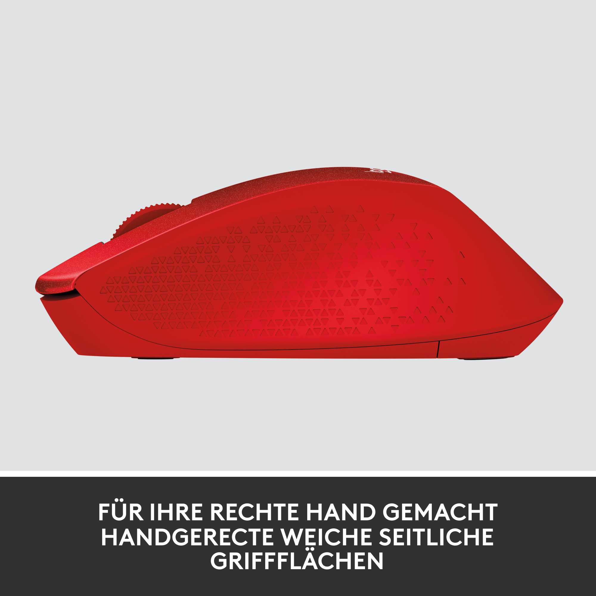 Eine rote Maus mit einem dreieckigen Muster. Der Text am unteren Rand lautet: Für Ihre rechte Hand gemacht. Weiche Griffseiten.