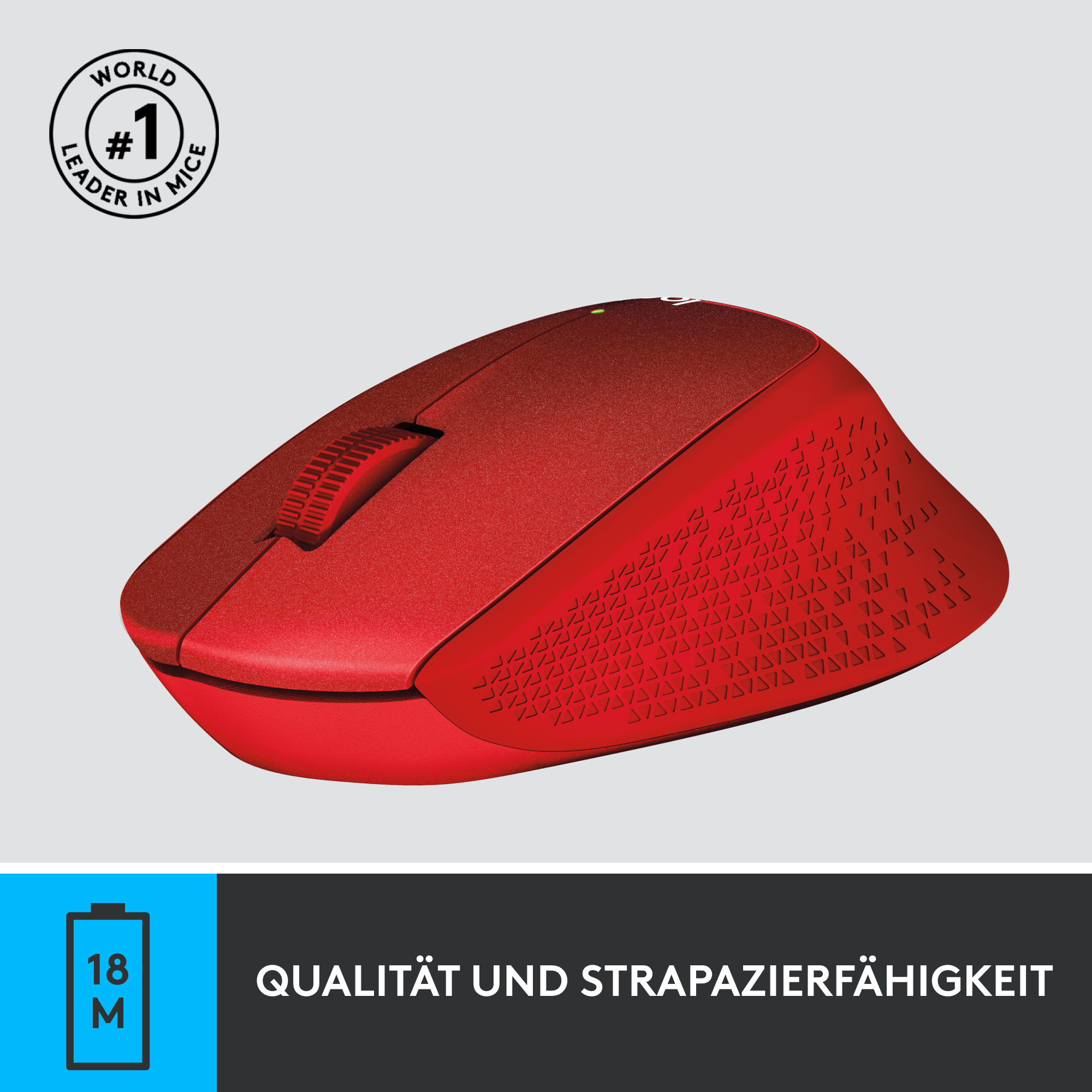 Rote kabellose Maus mit Text 'World #1 Leader in Mice'. Blauer Text unten sagt 'Qualität und Haltbarkeit'.