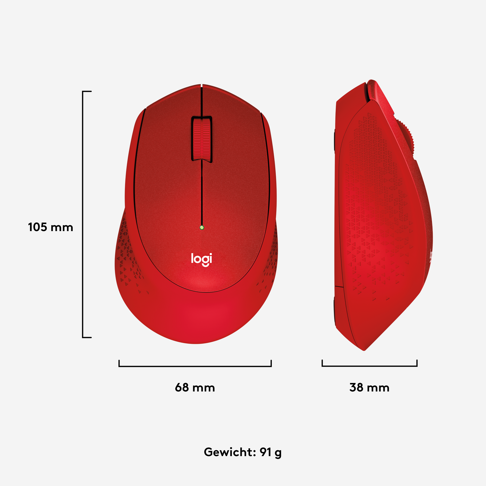 Rote Logitech-Maus mit Abmessungen auf weißem Hintergrund, zeigt Ansichten von oben und der Seite.