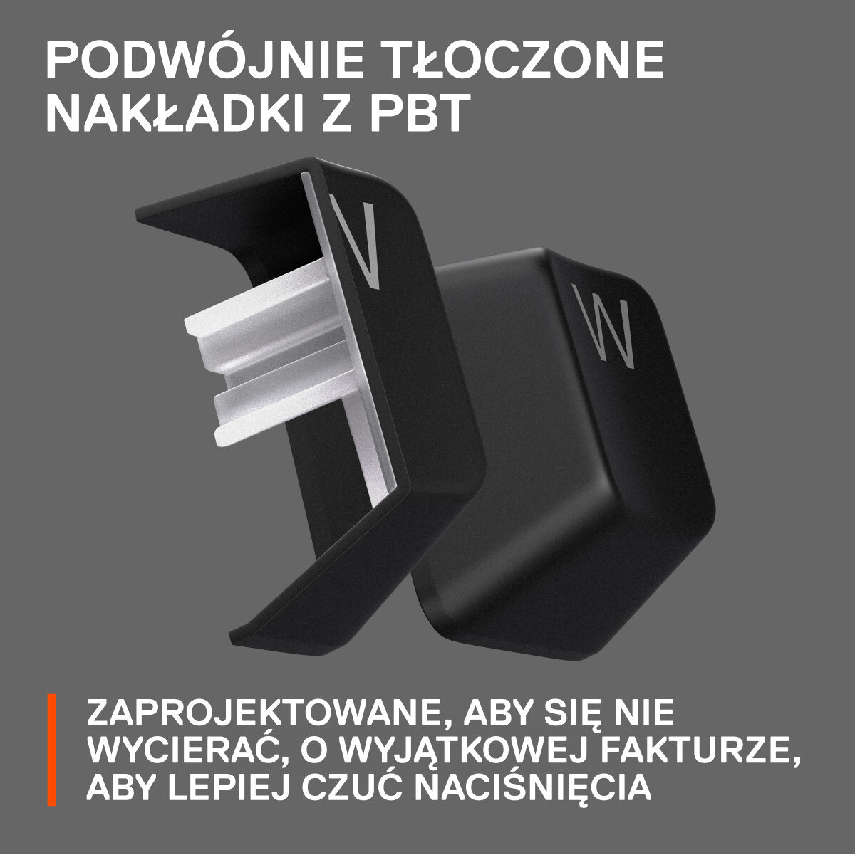 Dwie nakładki klawiszy pokazują litery W i V, czarne z białymi literami.