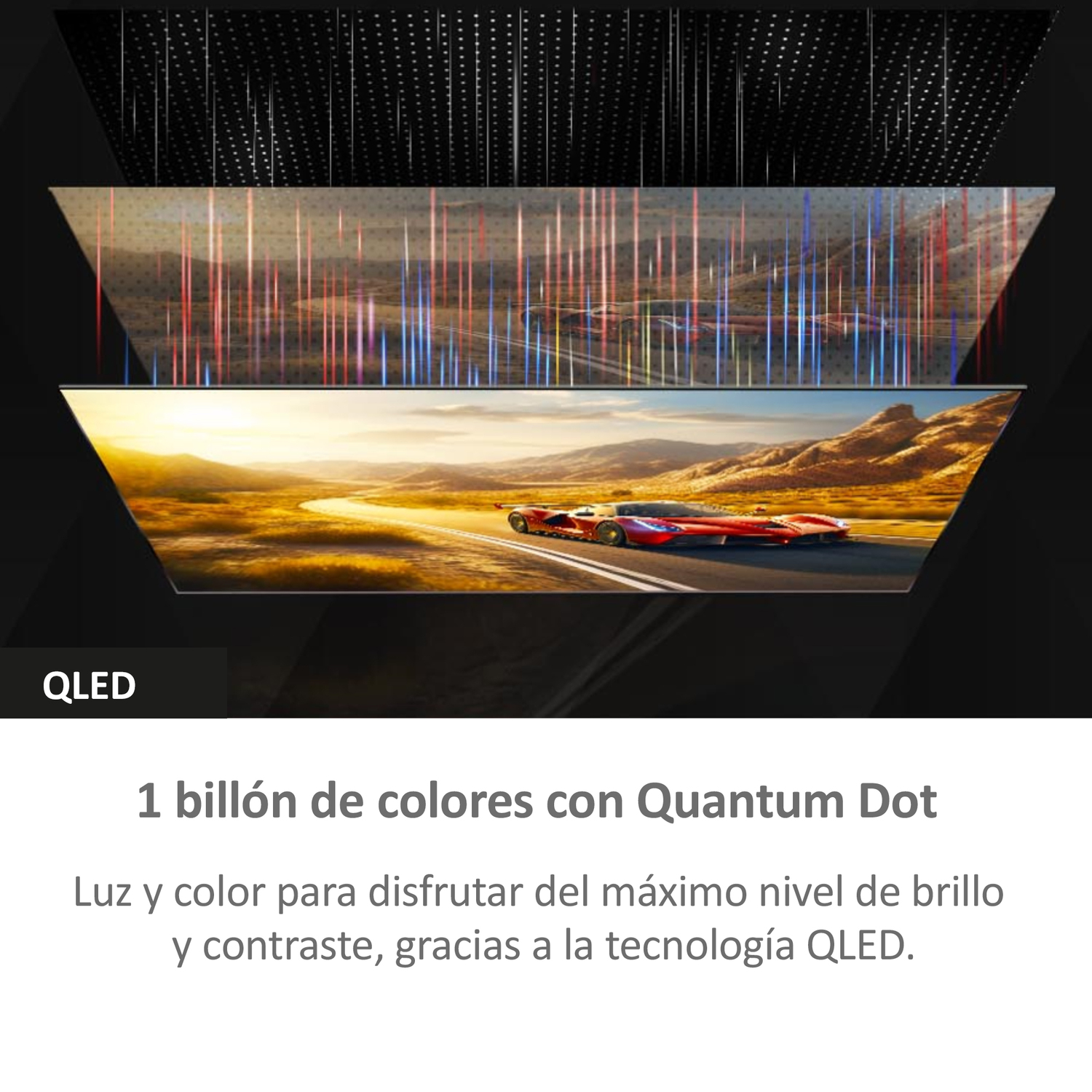 Pantalla QLED que muestra un coche de carreras en una pista, con texto que indica 1.000 millones de colores.
