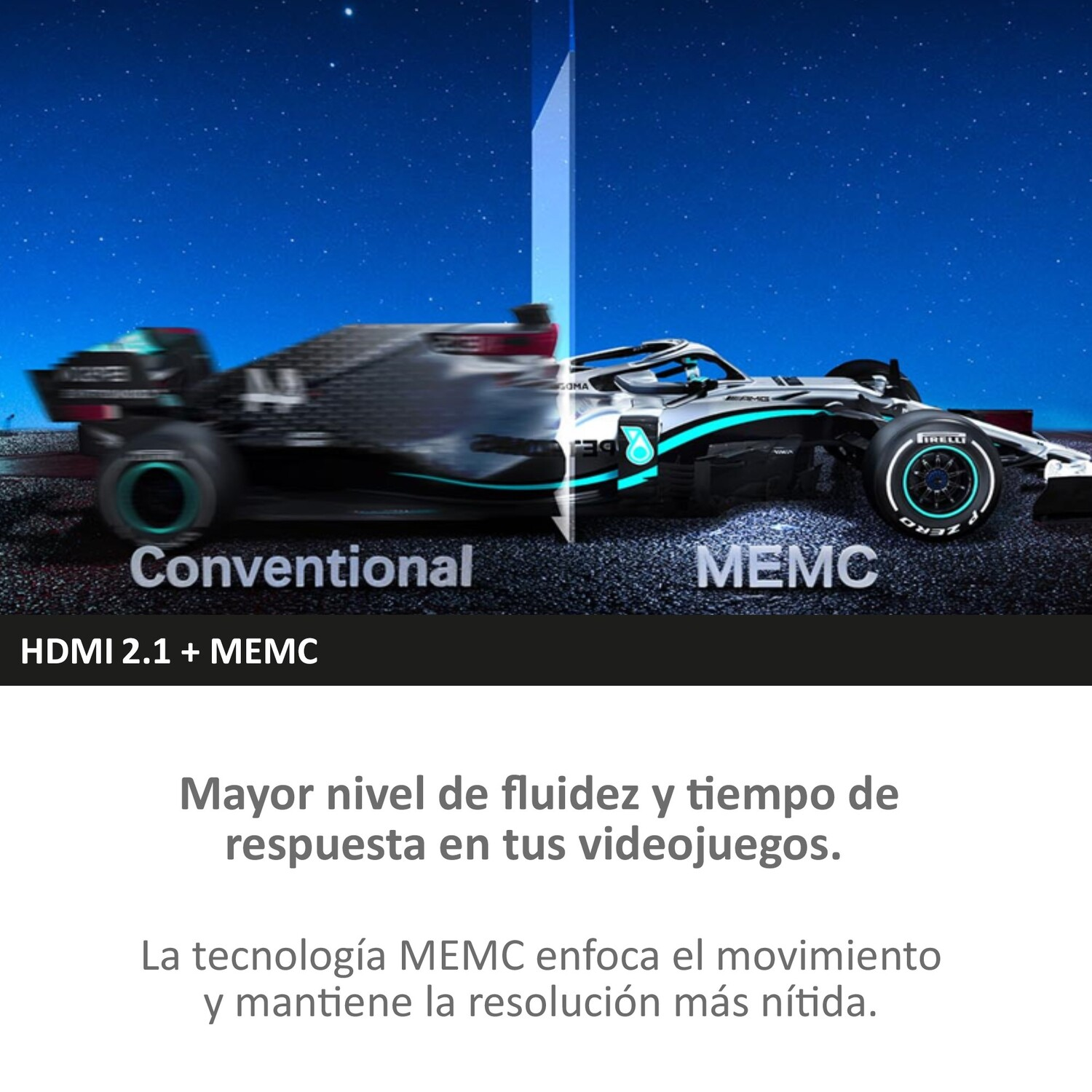 Dos coches de carreras, uno borroso, otro nítido, con texto sobre la tecnología MEMC.