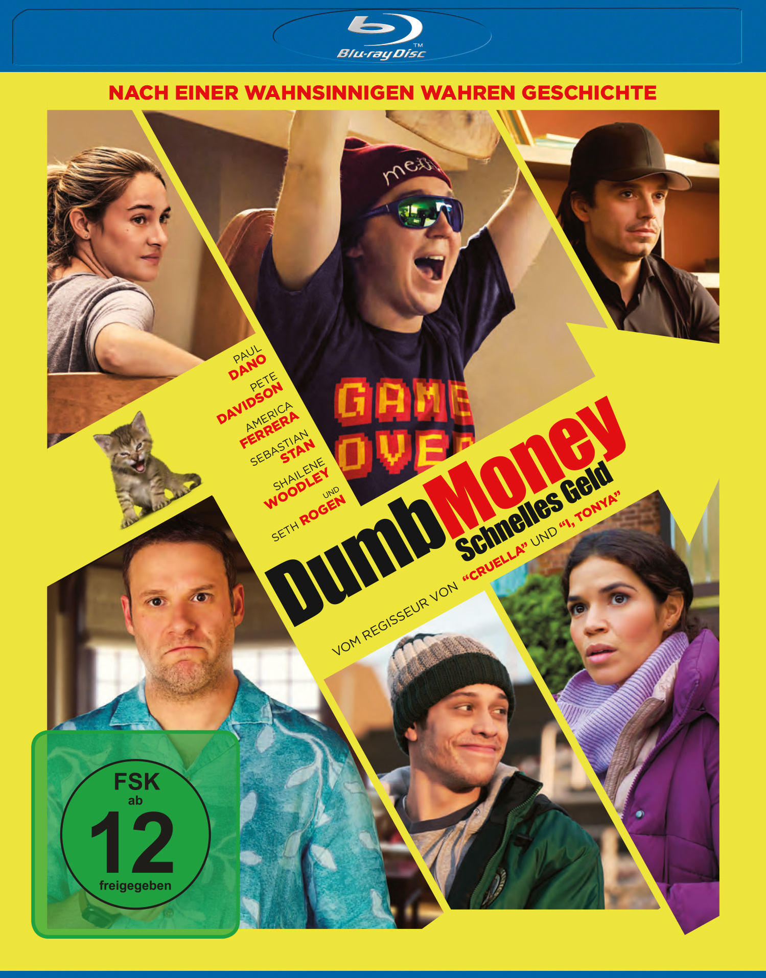 Filmtitel mit vielfältiger Besetzung, Text: DumbMoney. FSK 12 Logo. Gelber Hintergrund.