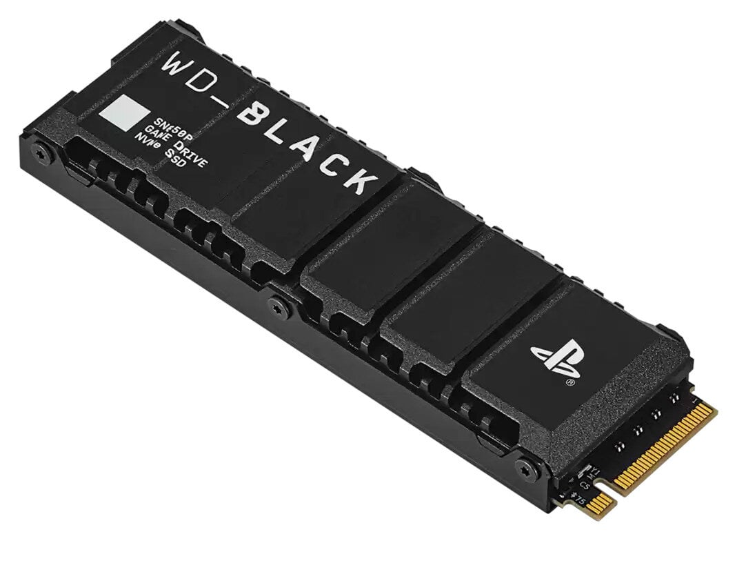 Czarny dysk SSD NVMe WD_BLACK SN550P. Posiada logo WD BLACK i PlayStation.
