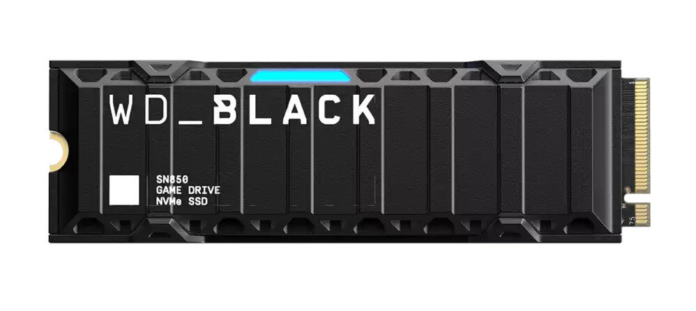 Czarny dysk SSD NVMe WD_BLACK SN850 Game Drive z logo i tekstem WD_BLACK na przodzie.