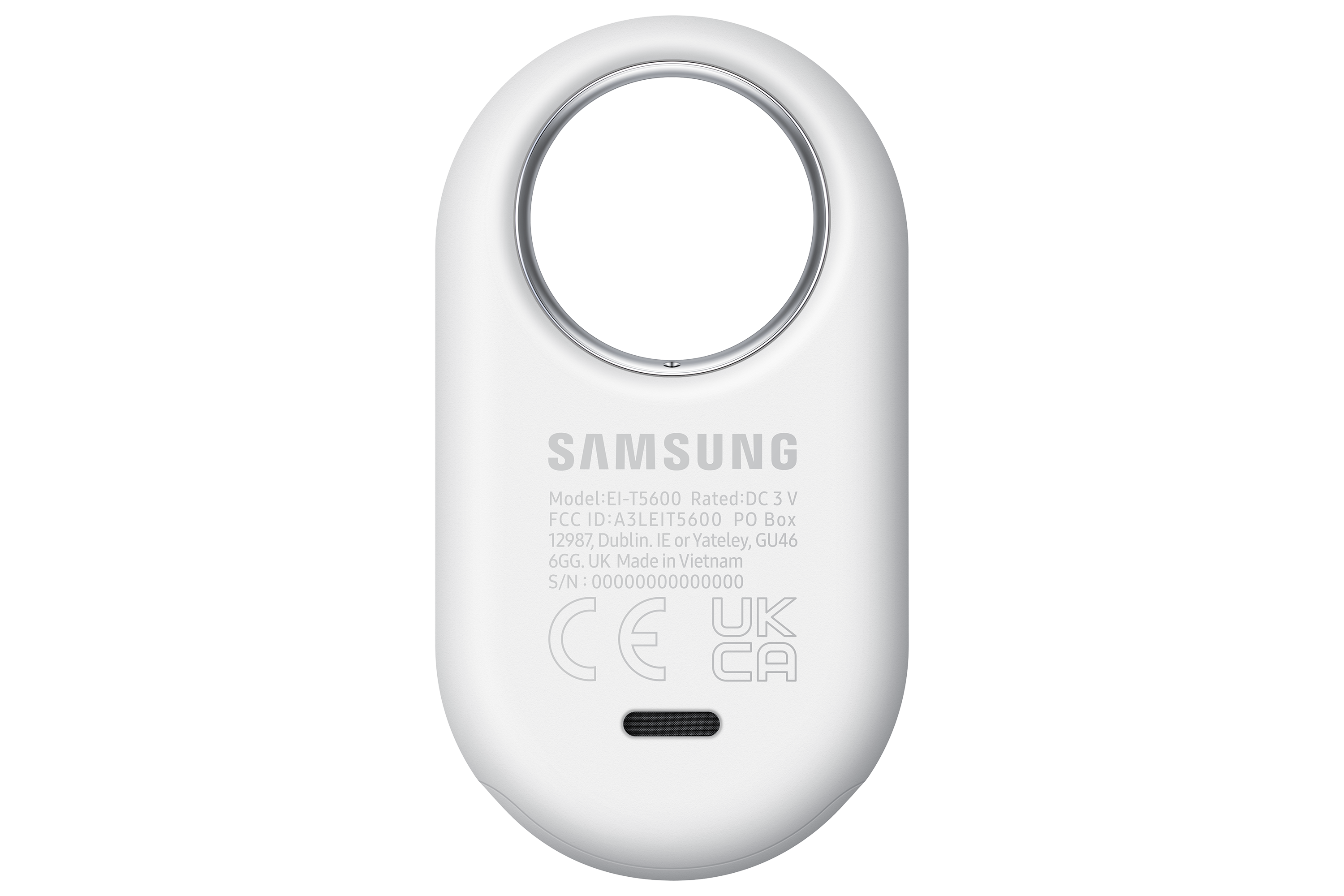 Beyaz Samsung SmartTag cihazı, bir halka ile. Arkası cihazla ilgili detayları gösteriyor.