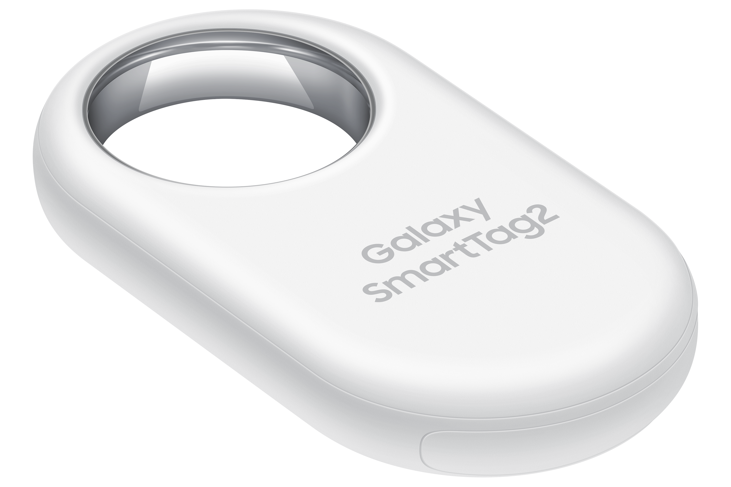 Gümüş halkalı beyaz Galaxy SmartTag2 izleyici, şeffaf bir arka planda.