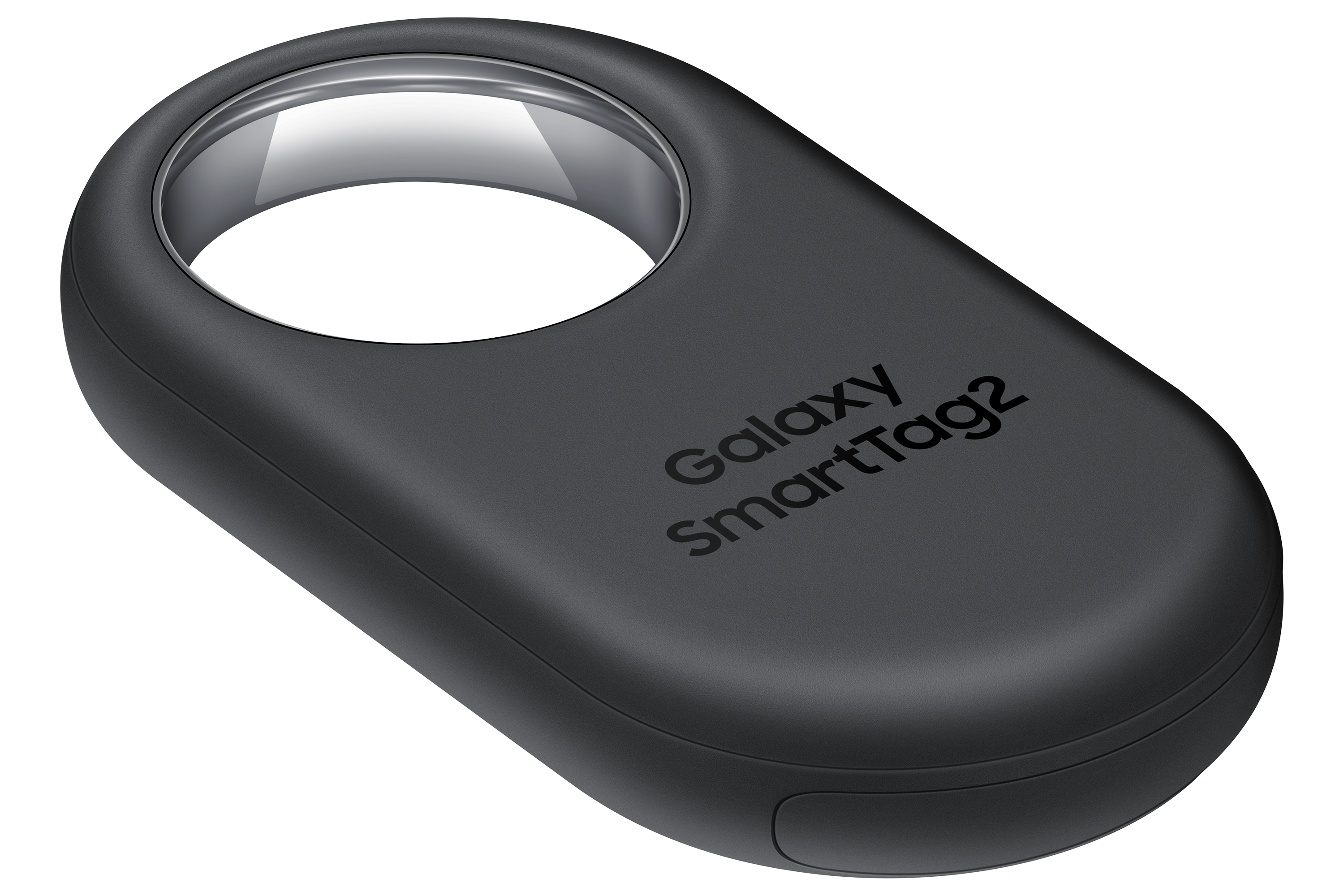 Siyah Galaxy SmartTag2. Etikette bir halka ve bir düğme görünüyor.