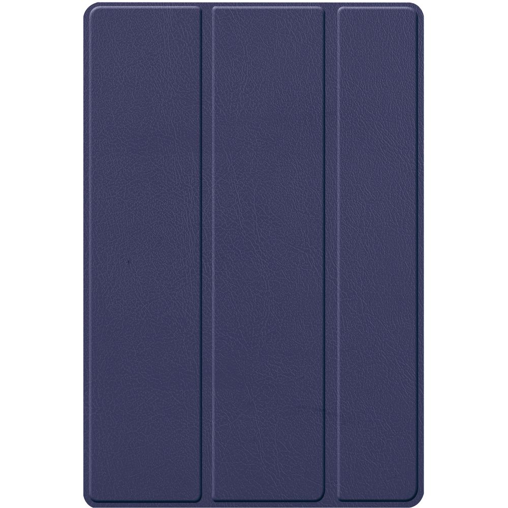 A blue tablet case. It has three sections and a textured surface.