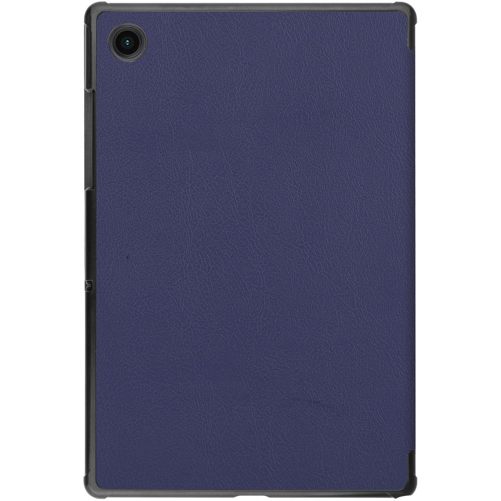 Black tablet in a black protective case, angled open for viewing, gold screen.