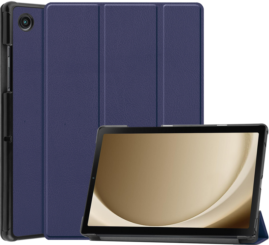 Tablet with case, rear view, blue case with camera, golden display.