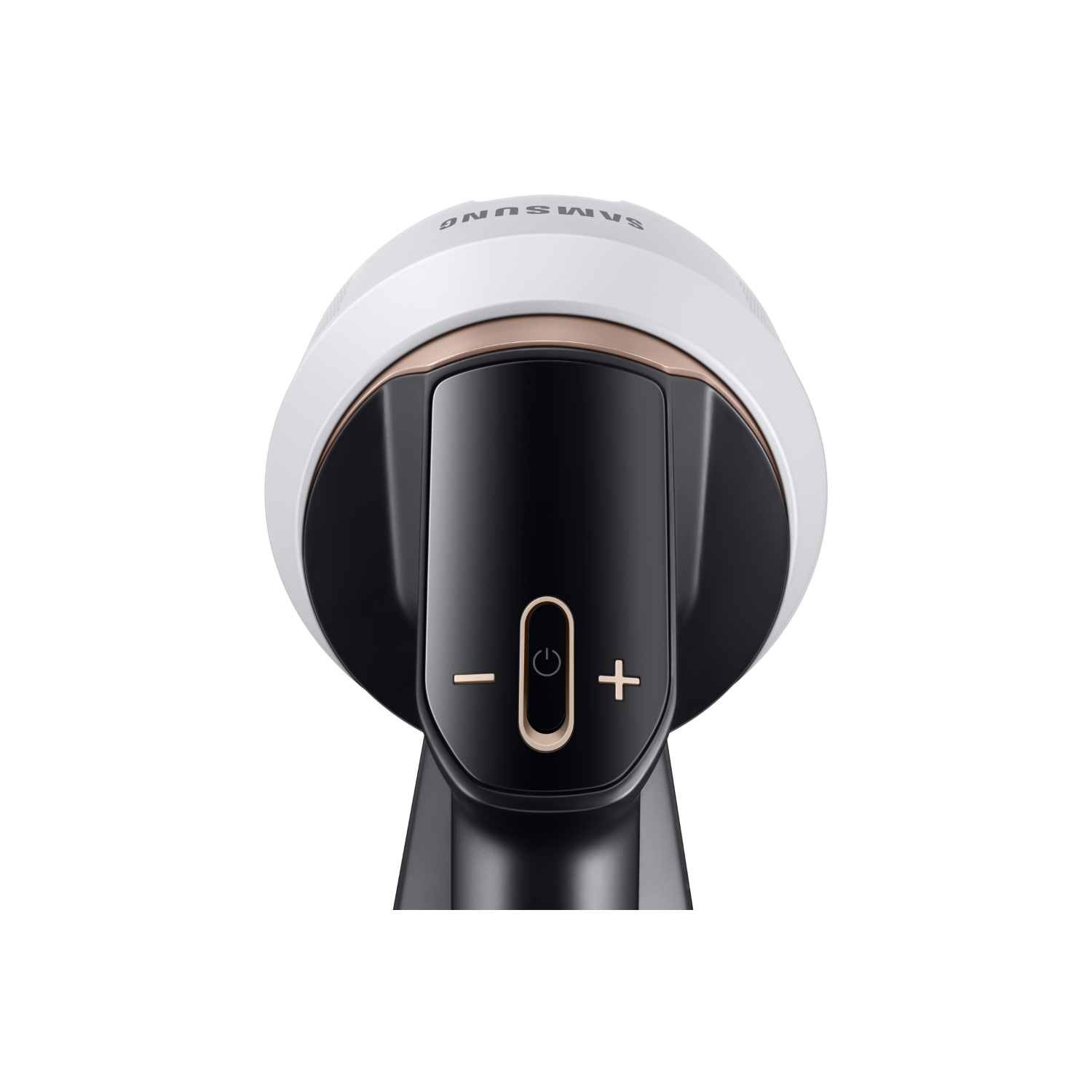 Close-up van een wit en goudkleurig Samsung-apparaat met aan/uit- en volumeknoppen. Zwarte basis.
