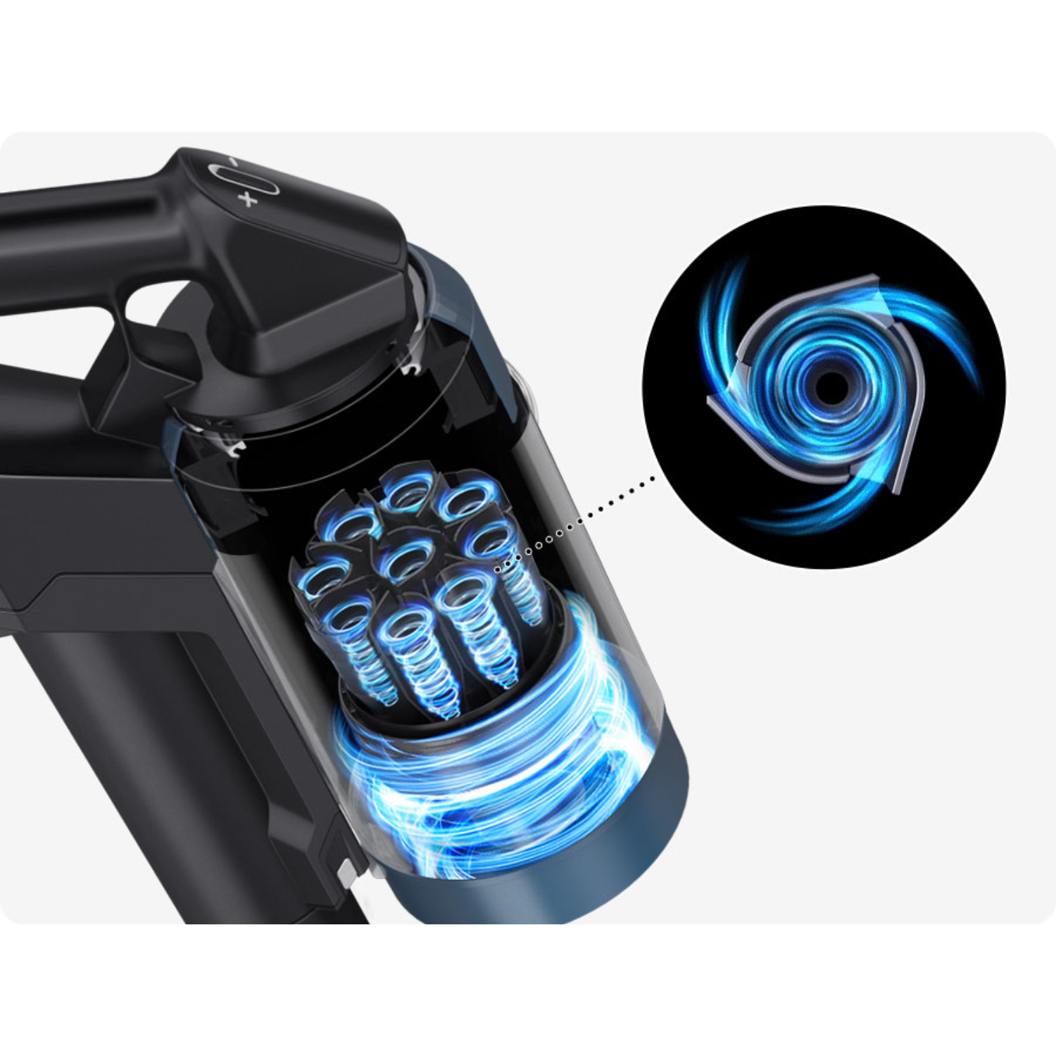 Stofzuigermotor met een blauw, wervelend ventilatorontwerp, getoond in een doorsnede.