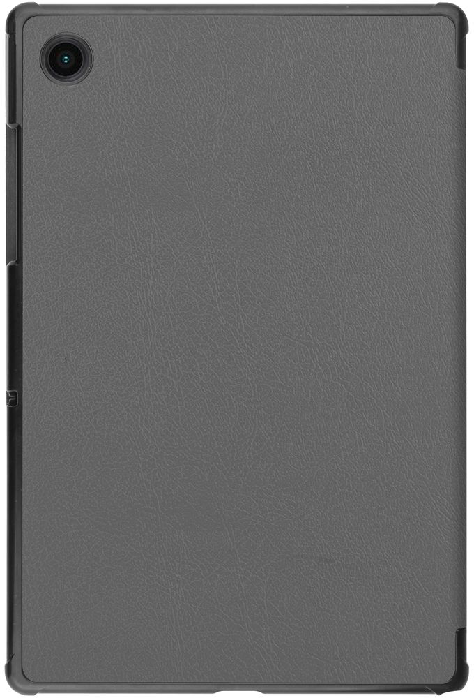 Gray tablet with a camera on the back, a black border, and a gray leather-like back cover.