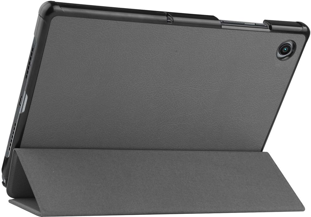 Tablet in a gray case, propped up. The case has a camera. The tablet is on a white surface.