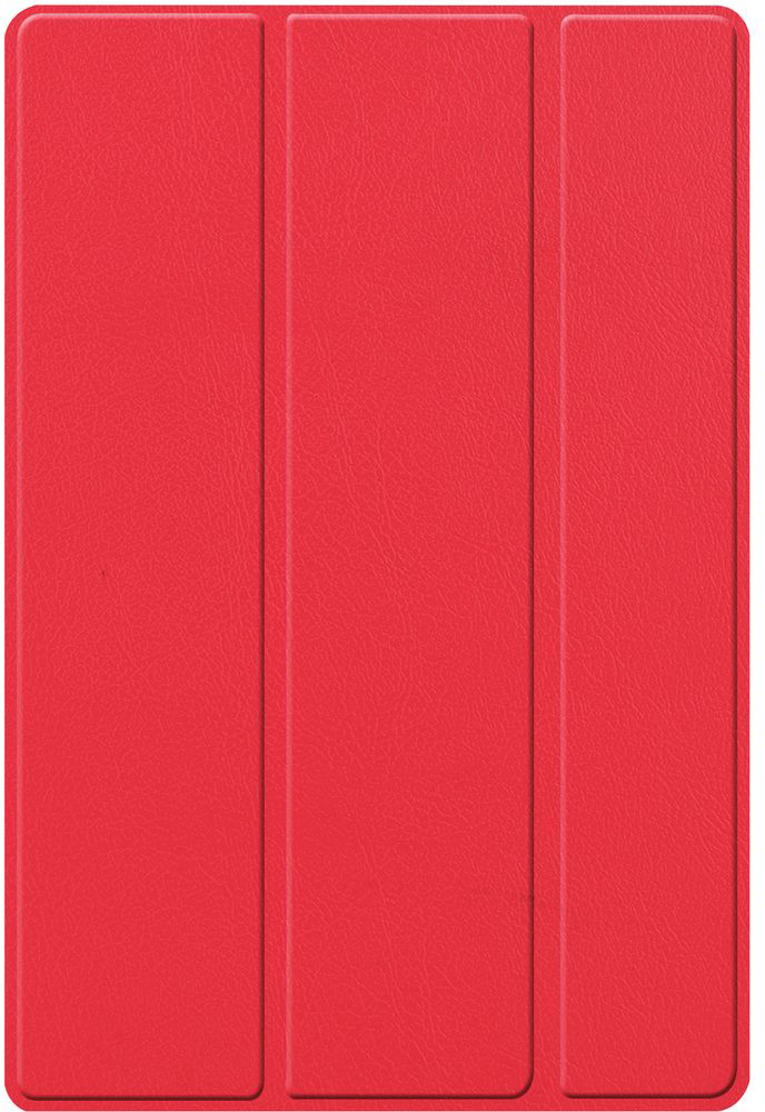 Red tablet case, closed, with three vertical panels. Textured surface. Plain, bright red color.