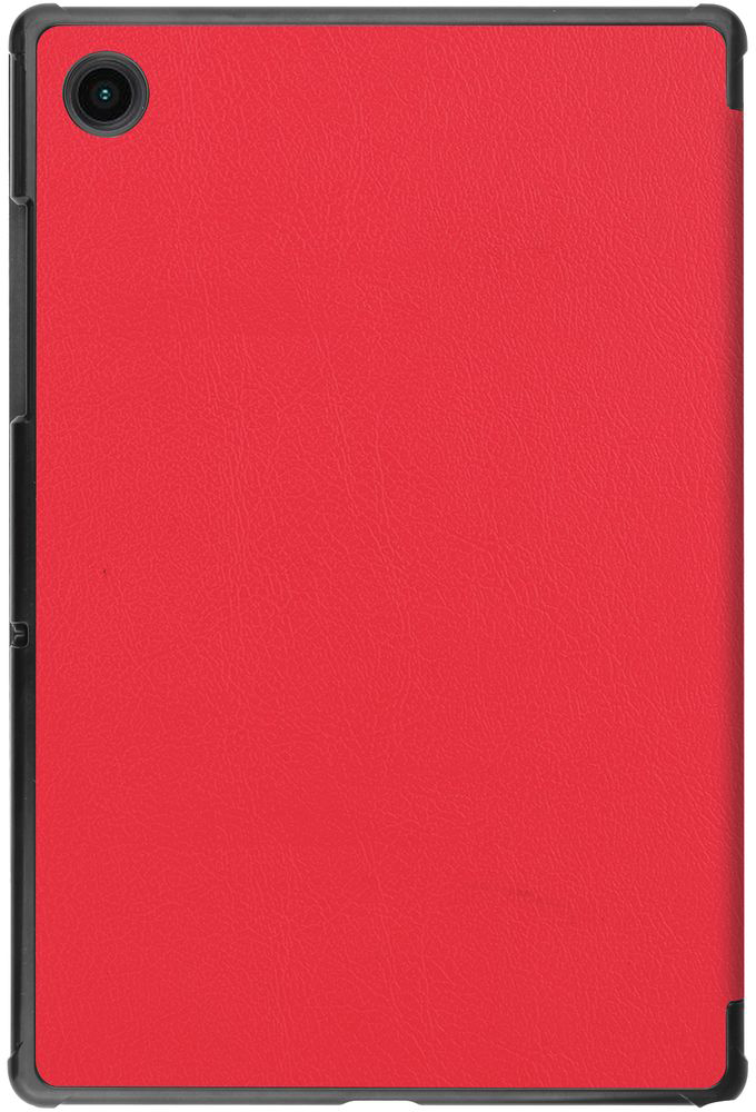 A red tablet, with a black frame, and a lens on the top left.