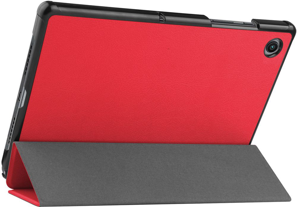A red tablet case, open to reveal the inside. The back is red, the front is black and folded.