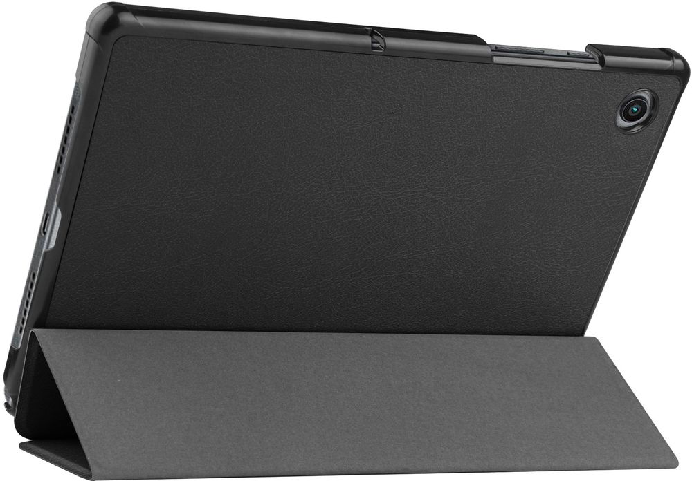 Black tablet in a stand case. Rear view, camera visible. Case is folded into a stand.
