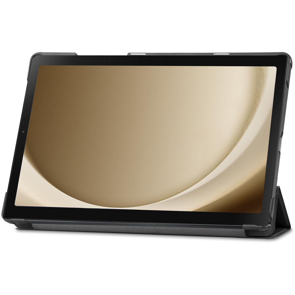 A tablet in a black case, leaning against the case.
