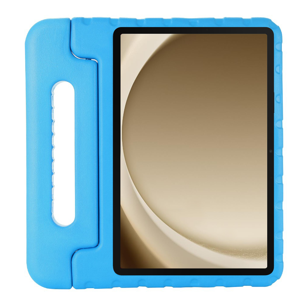Blue tablet case with a tablet screen showing a curved design.