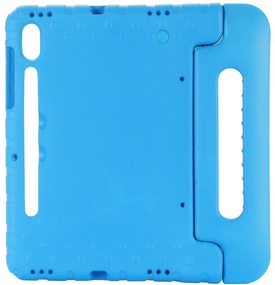 A bright blue tablet case, showing the back with cutouts and a handle.