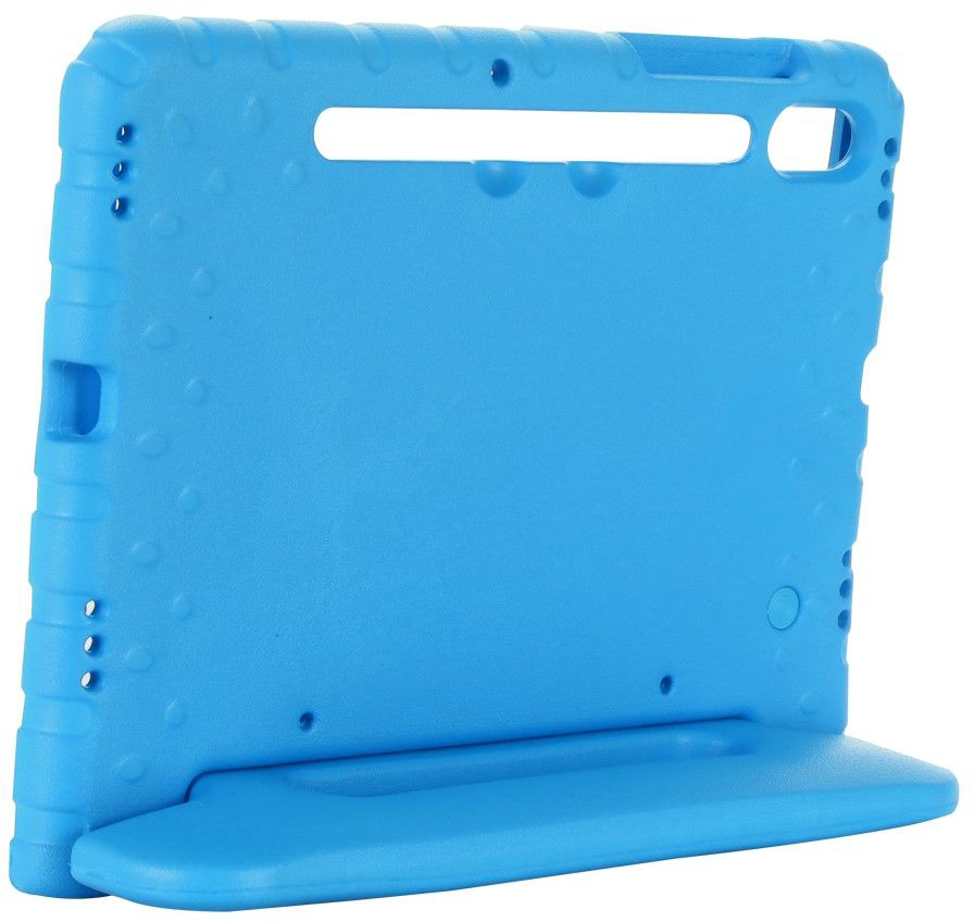 A blue tablet case with a handle and stand is shown.