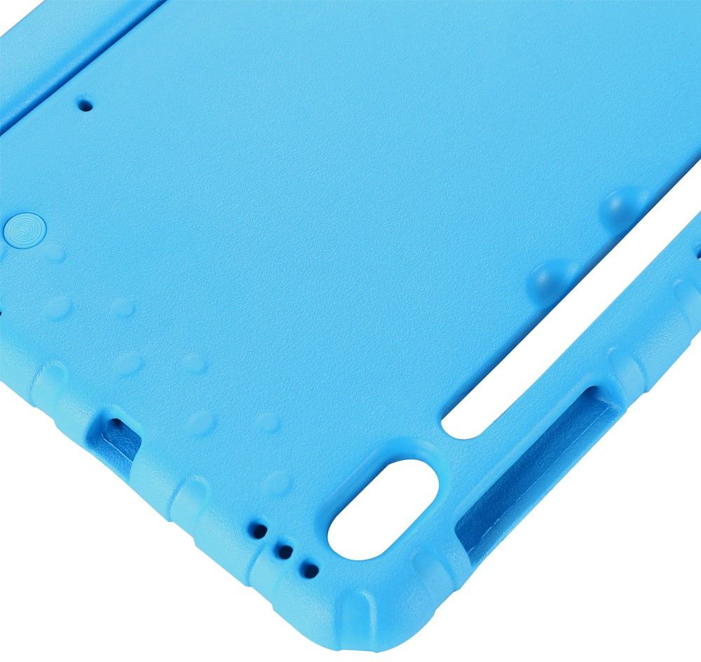 Blue tablet case corner with cutouts and buttons.