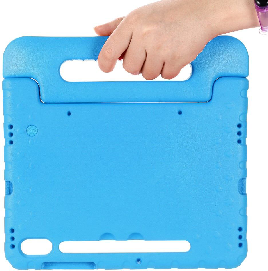 Blue tablet case with handle, held by a hand.