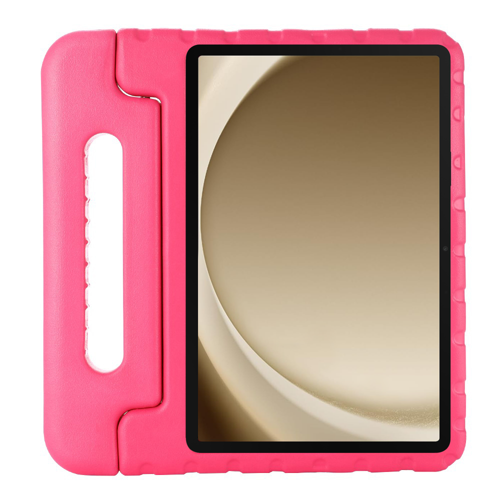 A pink tablet case with a handle and a tablet screen showing a golden background.