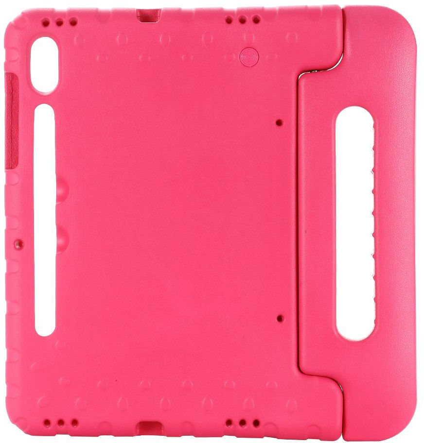 Pink tablet case with handle, and holes for buttons and camera.