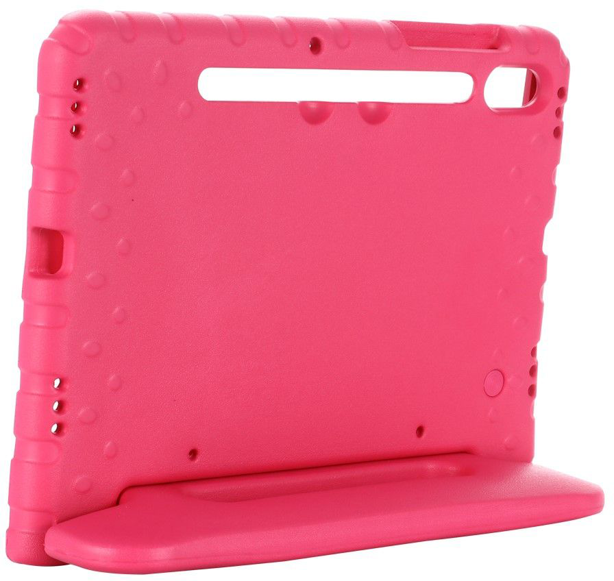A pink tablet case with a stand on a white background.